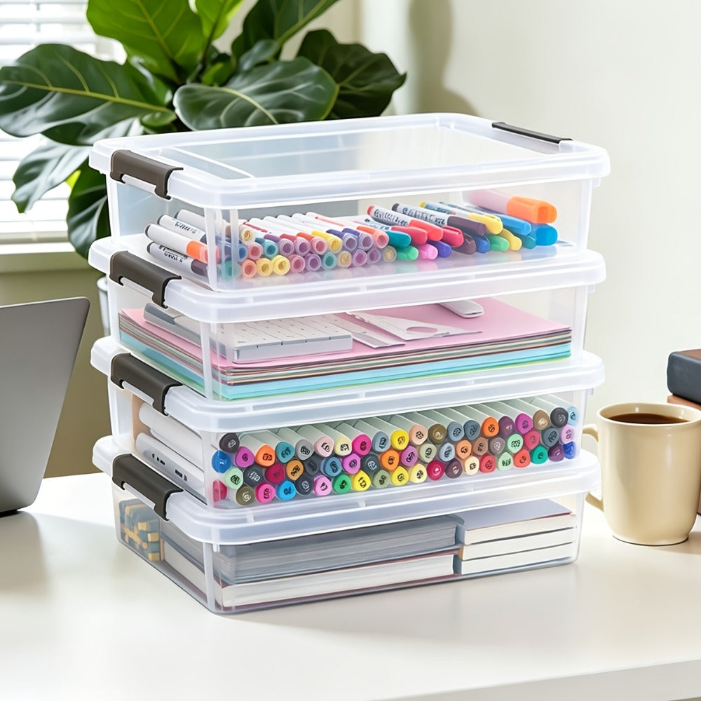Five-Piece Clear Storage Box Set with Latching Lids, Stackable Low-Profile Design and 13.58-Inch Length