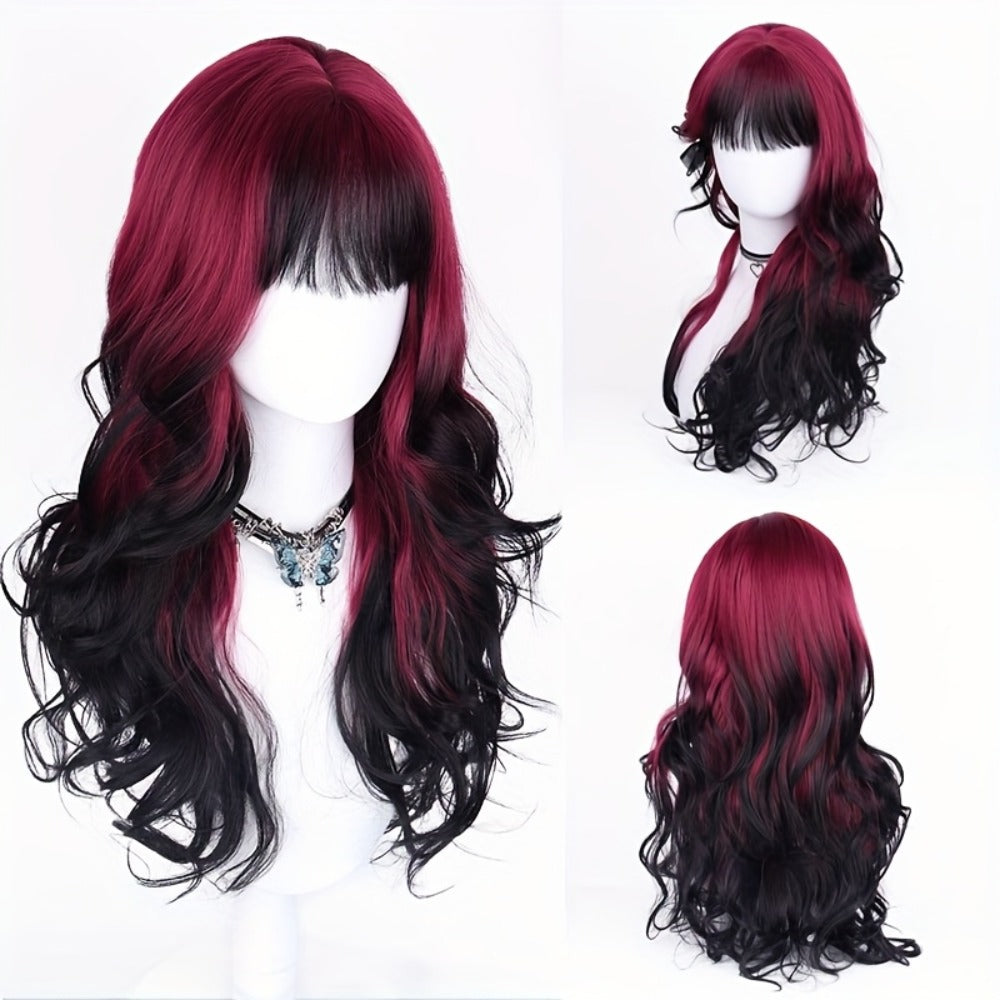 28-Inch Synthetic Curly Wig in Black with Red Highlights and Pictured Rose-Net Cap for Costume or Daily Styling