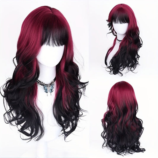 Long Curly Wig Black Red Highlights 28 Inch Wavy Synthetic Rose Net Cap Glamorous Voluminous Hair for Women Cosplay Party Halloween Daily Wear Fashion Statement