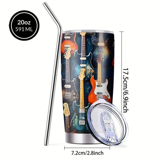 Insulated Tumbler 20oz Guitar Pattern Stainless Steel Travel Mug with Lid and Straw Double Wall Vacuum Coffee Cup Water Bottle for Hot Cold Drinks Gift for Music Lover Birthday Graduation Valentine White