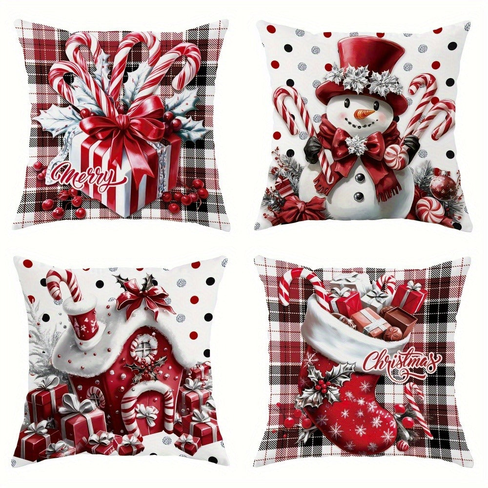 Four-Piece Christmas Pillow Cover Set, 18 x 18 Inches with Snowman, Candy Cane, Sleigh and Plaid Prints
