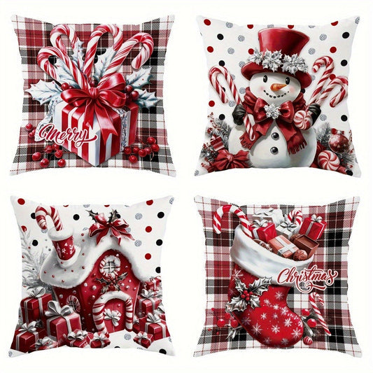 Christmas Throw Pillow Covers 4pcs Set - Snowman Candy Cane Buffalo Plaid Polyester 18x18in Decorative Cushion Covers with Zipper for Holiday Winter Living Room Bedroom Sofa Bed Decor