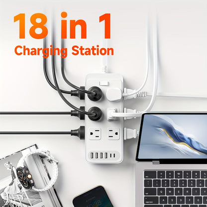 Charging Station Power Strip 18-in-1 with 12 AC Outlets 4 USB-A 2 USB-C Ports Surge Protector Flat Plug 5FT PVC Extension Cord Fire-Resistant for Home Office Travel Desk White Black