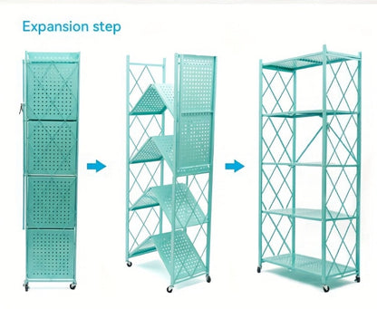 Foldable Storage Rack with Lockable Wheels 3 4 5 Tier Carbon Steel No Assembly Space Saving Floor Standing Shelf for Bedroom Balcony Garden