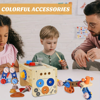 39-Piece Wooden Pretend Tool Set with Vest, Toolbox, Instruction Sheet and Six Example Builds