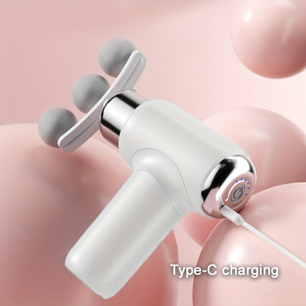 White USB-Rechargeable Massage Gun with Straight-Grip Body and Nine Interchangeable Massage Head Styles