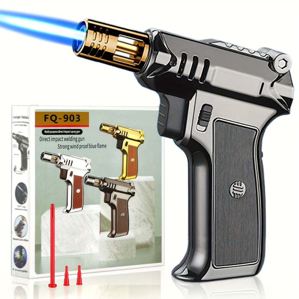 Pistol-Grip Refillable Butane Torch Lighter with Straight Flame in Black, Gold or Silver Finishes