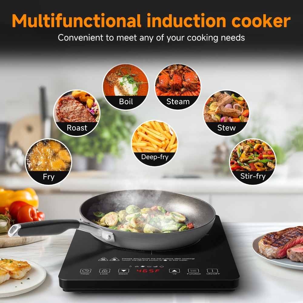 Induction Cooktop 1800W Single Burner Countertop Induction Cooker with Touch Control Timer for Home Cooking, Dining and Outdoor Meals