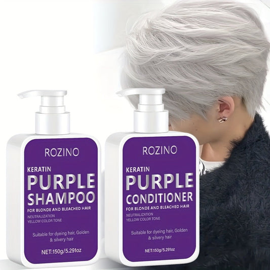 Purple Shampoo and Conditioner Set 2PCS for Blonde Silver Platinum Hair - Toning Brass & Yellow Neutralizer, Strengthens Roots, Improves Shine & Flexibility, Color-Treated Hair Care for Women