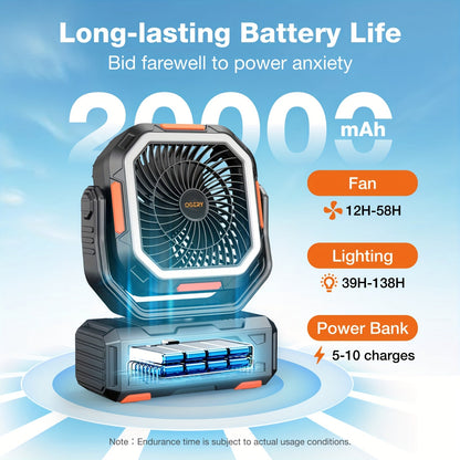 20000mAh Portable Camping Fan with LED Lantern – Rechargeable, 4-Speed, Oscillating, Remote & Timer Control | Tent, Travel, RV, Emergency & Bedroom Use