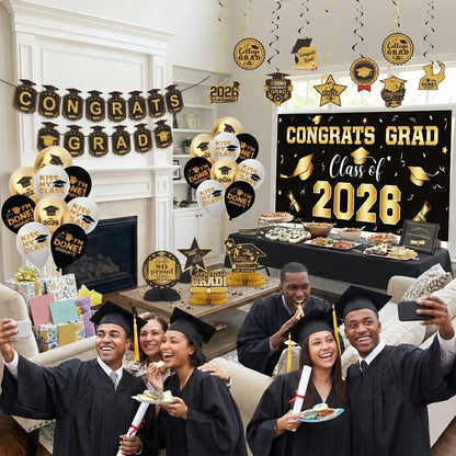 Class of 2026 Graduation Party Decorations – Complete Set with Backdrop Banner Hanging Swirls Balloons & Honeycomb Supplies, 6 Color Options Purple Maroon Blue Red Green Gold
