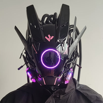 LED Braided Cyberpunk Costume Helmet with Circular Face Light and Blue, Green or Pink Accent Styles