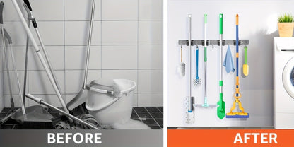 Two-Pack Wall-Mounted Broom and Mop Holders with Four Grip Racks, Five Hooks and Exact Configuration