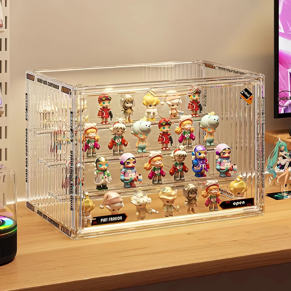 Large Four-Tier Clear Acrylic Figure Display Case with Magnetic Door and Stackable Desktop Design