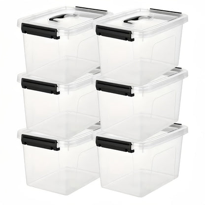 Six-Piece 6-Quart Clear Storage Box Set with Black Latches, Carry Handles and Stackable Lids