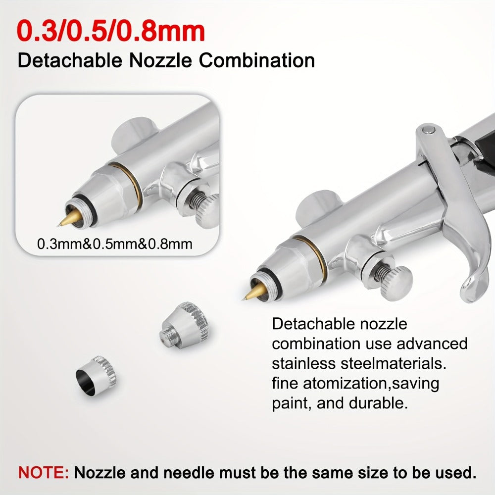 Double-Action Trigger Airbrush Kit with 0.3, 0.5 and 0.8 mm Nozzles, Three Cups and Pictured 6 ft Hose