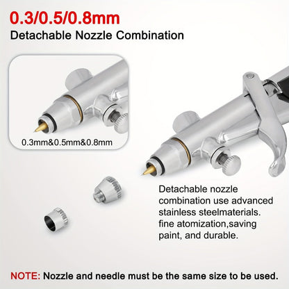 Double-Action Trigger Airbrush Kit with 0.3, 0.5 and 0.8 mm Nozzles, Three Cups and Pictured 6 ft Hose