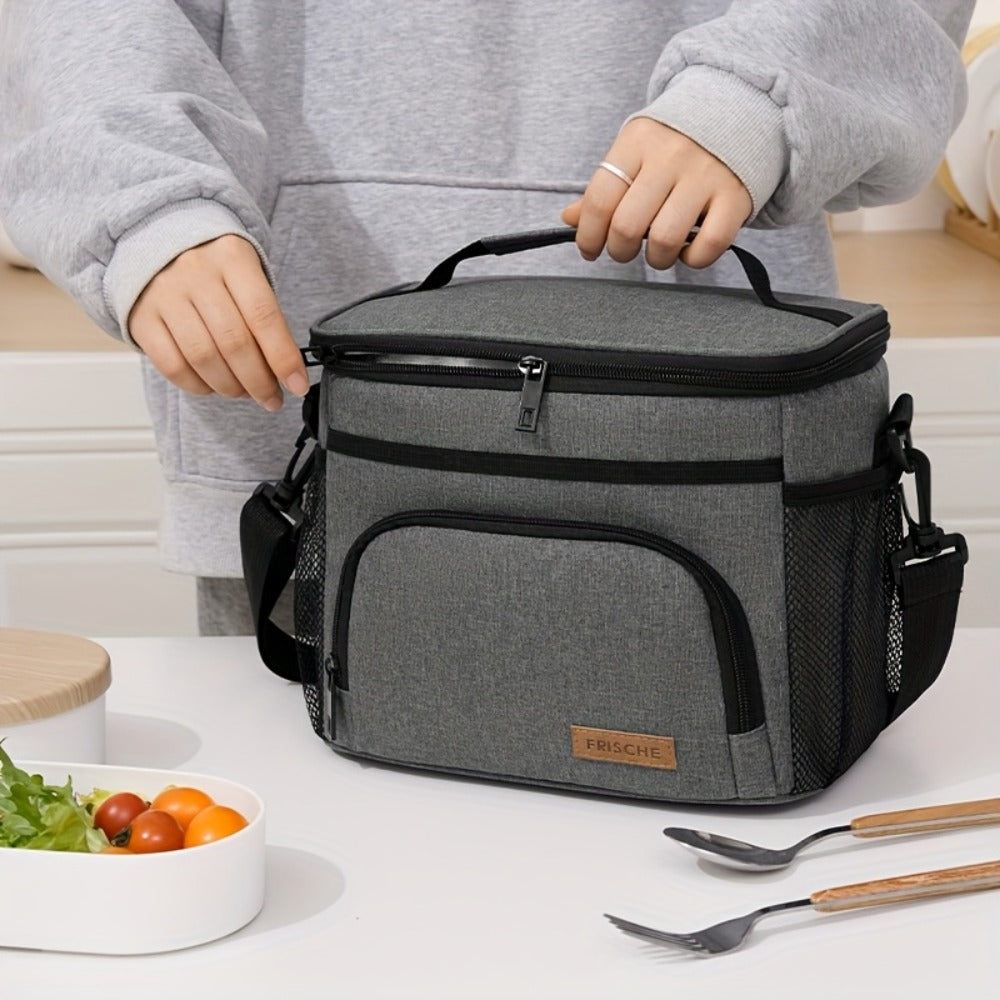 Insulated Lunch Bag with Adjustable Shoulder Strap, Dual Zippers and Black, Grey or Blue Color Options