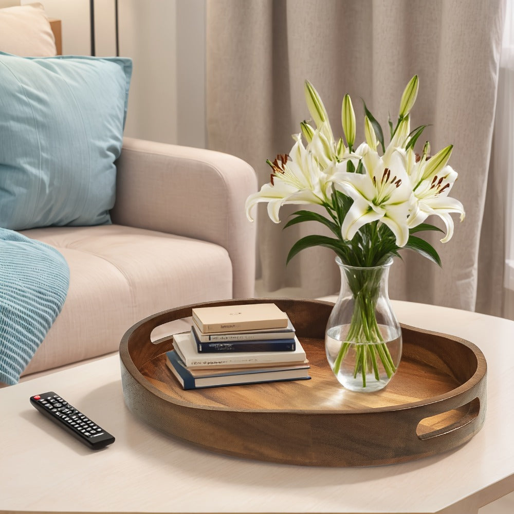 Oval Acacia Wood Serving Tray with Integrated Handles and Pictured 16.9 x 13-Inch Dimensions