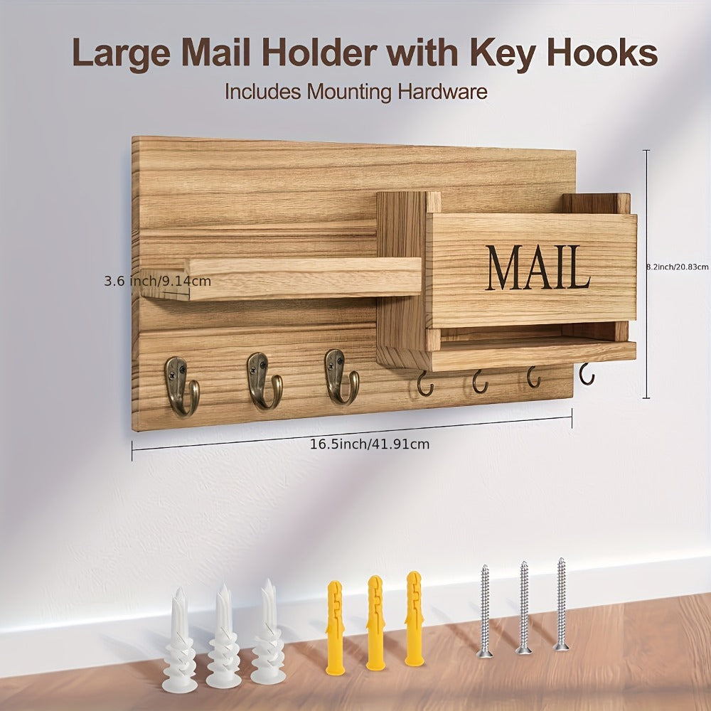 Wall Mounted Storage Rack with Mail Slot – Rustic Wood Floating Shelf with Hooks for Keys, Hats & Envelopes, Decorative Organizer for Entryway, Porch, Bedroom, Bathroom & Living Room