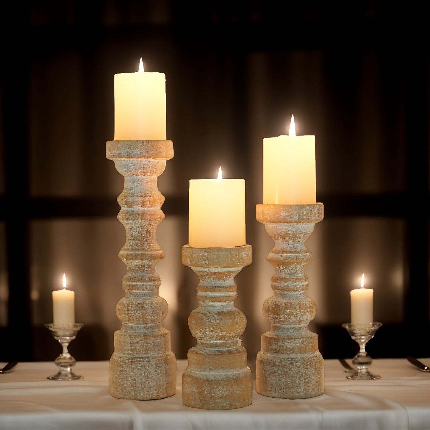 Candle Holder Set of 3 Graduated Brown Wood Pillar Stands with Turned Farmhouse Profiles for Tabletop Displays