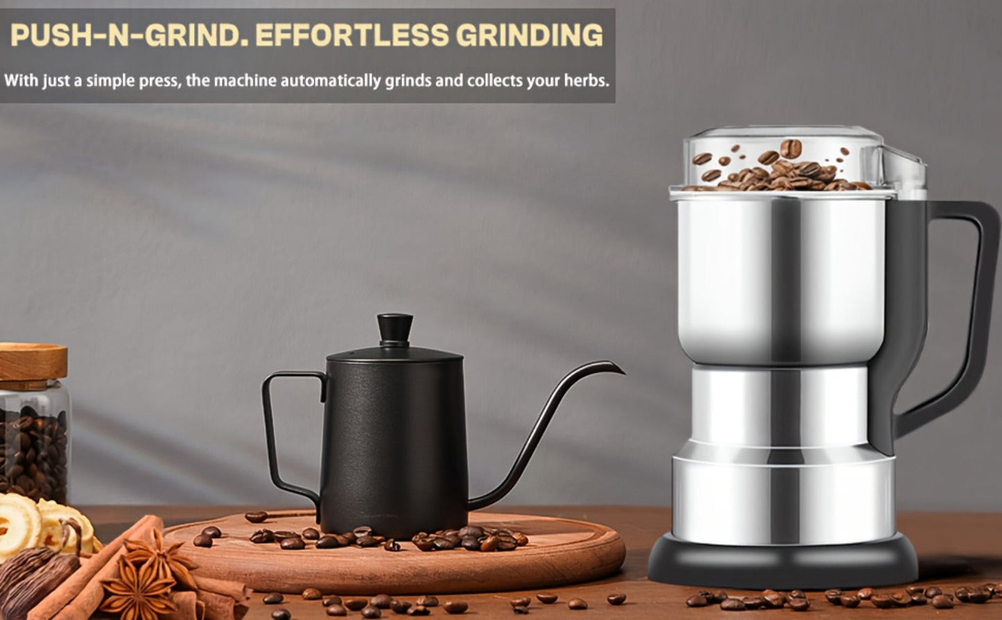 300W-Labeled Electric Coffee Grinder with Eight-Blade Assembly, 400ml Stainless Cup and Silver Finish