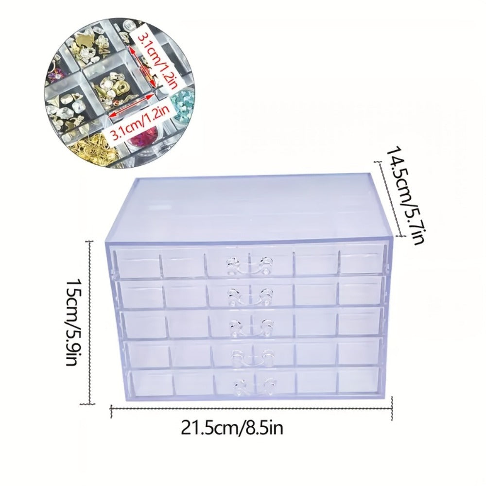 Jewelry Storage Box 5-Layer Drawer Organizer – Transparent Nail Art Accessory Storage Container for Earrings Rings Necklaces Beads 120 Cells
