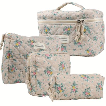 Makeup Bag – Quilted Makeup Bag Set 4-Piece Floral Rose Coquette Aesthetic Premium Cotton Cosmetic Organizer Travel Toiletry Pouch 4…