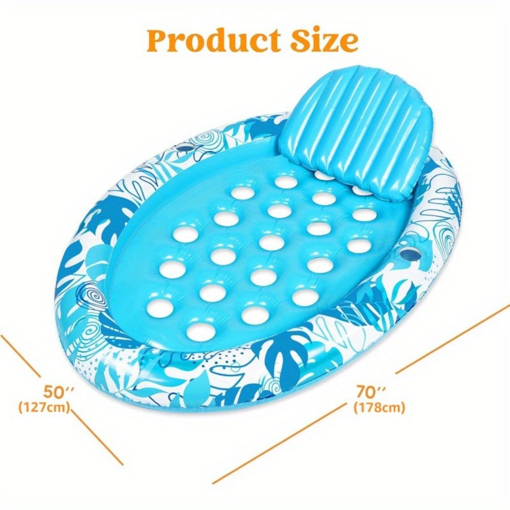 70 x 50-Inch Inflatable Pool Float Lounger with Oval Blue Body, Removable Backrest and Two Cup Holders