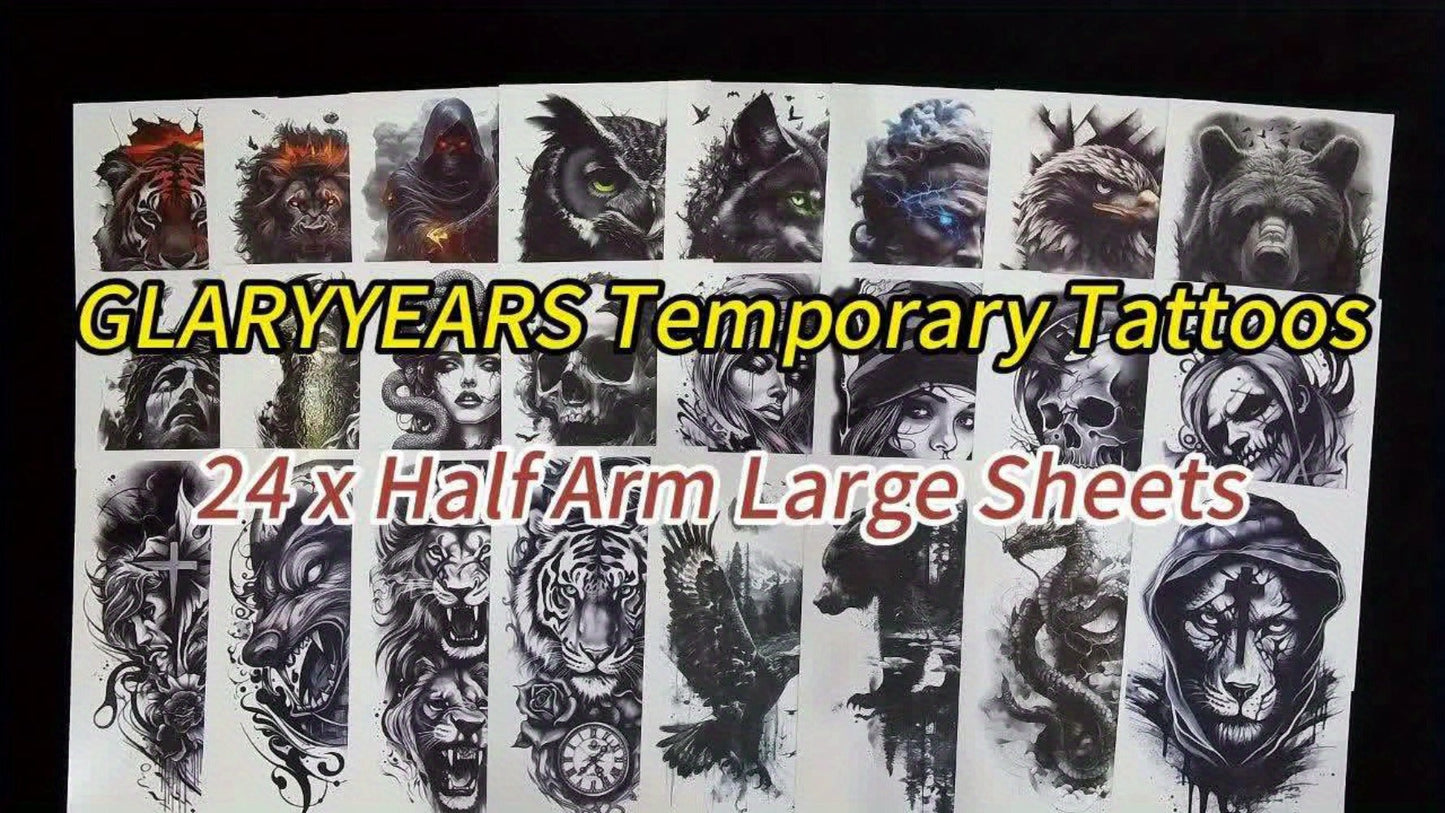 Temporary Tattoos, 24-Sheet Black Gothic Set with Lion, Eagle, Skull and Greek God Motifs for Forearm Placement