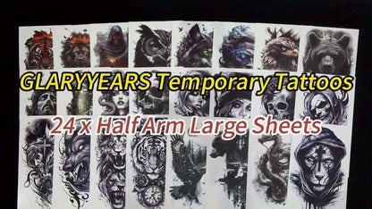 Temporary Tattoos, 24-Sheet Black Gothic Set with Lion, Eagle, Skull and Greek God Motifs for Forearm Placement