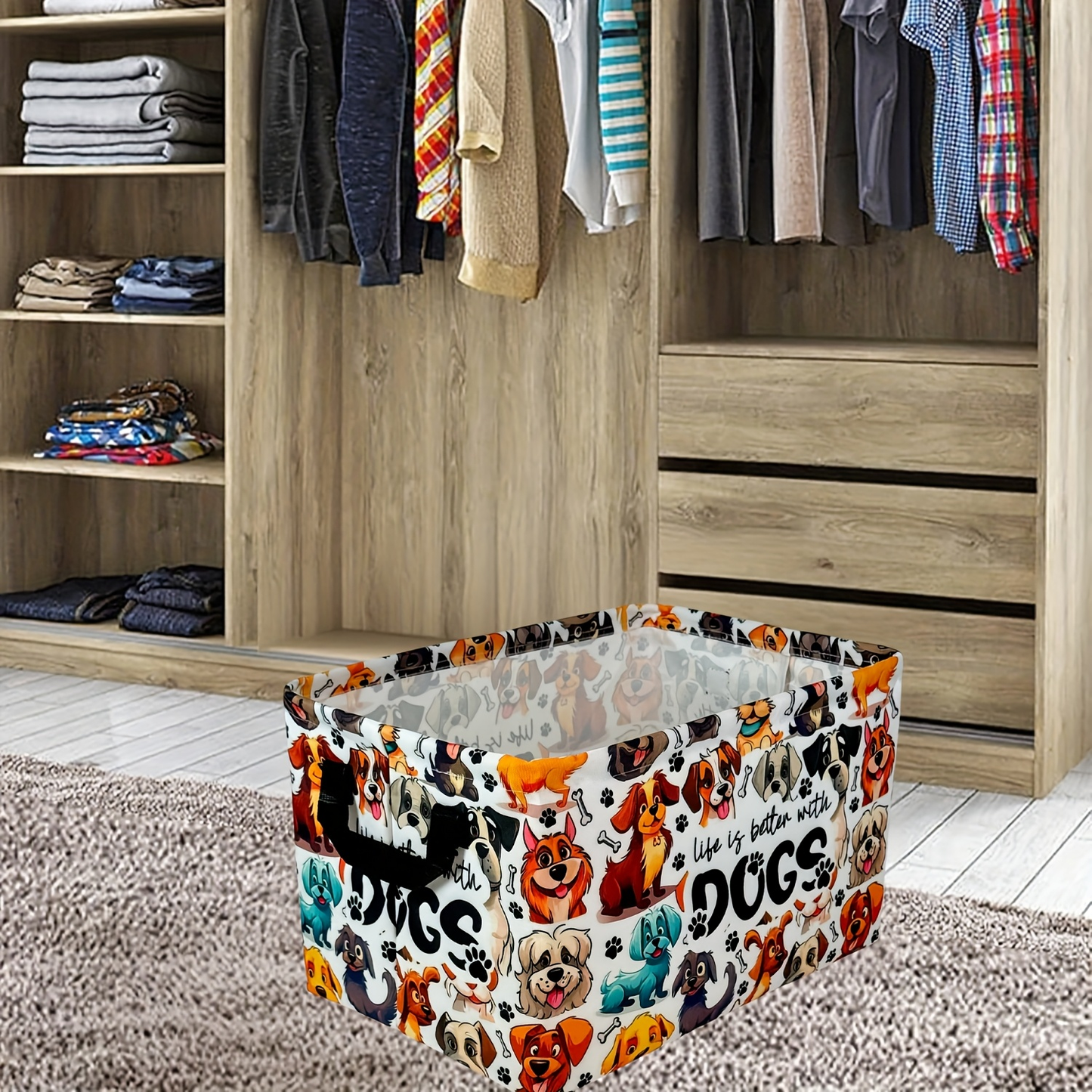 Collapsible Storage Basket with Handles Cute Cartoon Print Canvas Bin Box for Clothes Books Toys Shelves Laundry Bedroom Nursery Organizer Cube Gift Basket