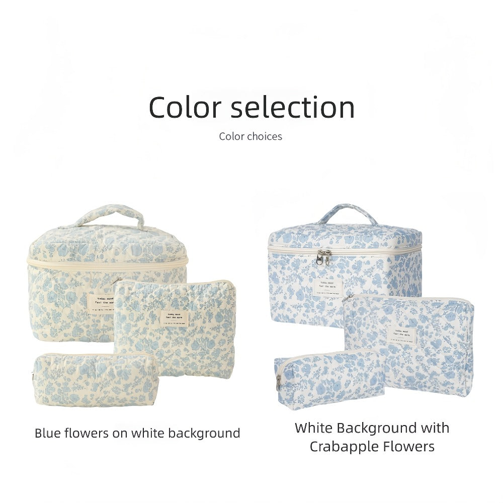 Three-Piece Floral Makeup Bag Set with Carry Handle, Gold-Color Zippers and Four Image-Bound Pattern Options