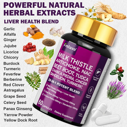 Liver Support Supplement 28-in-1 Ultimate Herbal Blend – Milk Thistle, Dandelion & Turmeric for Liver Cleanse, Detox & Digestive Health | All-Natural Formula for Men & Women | 1 Month Supply