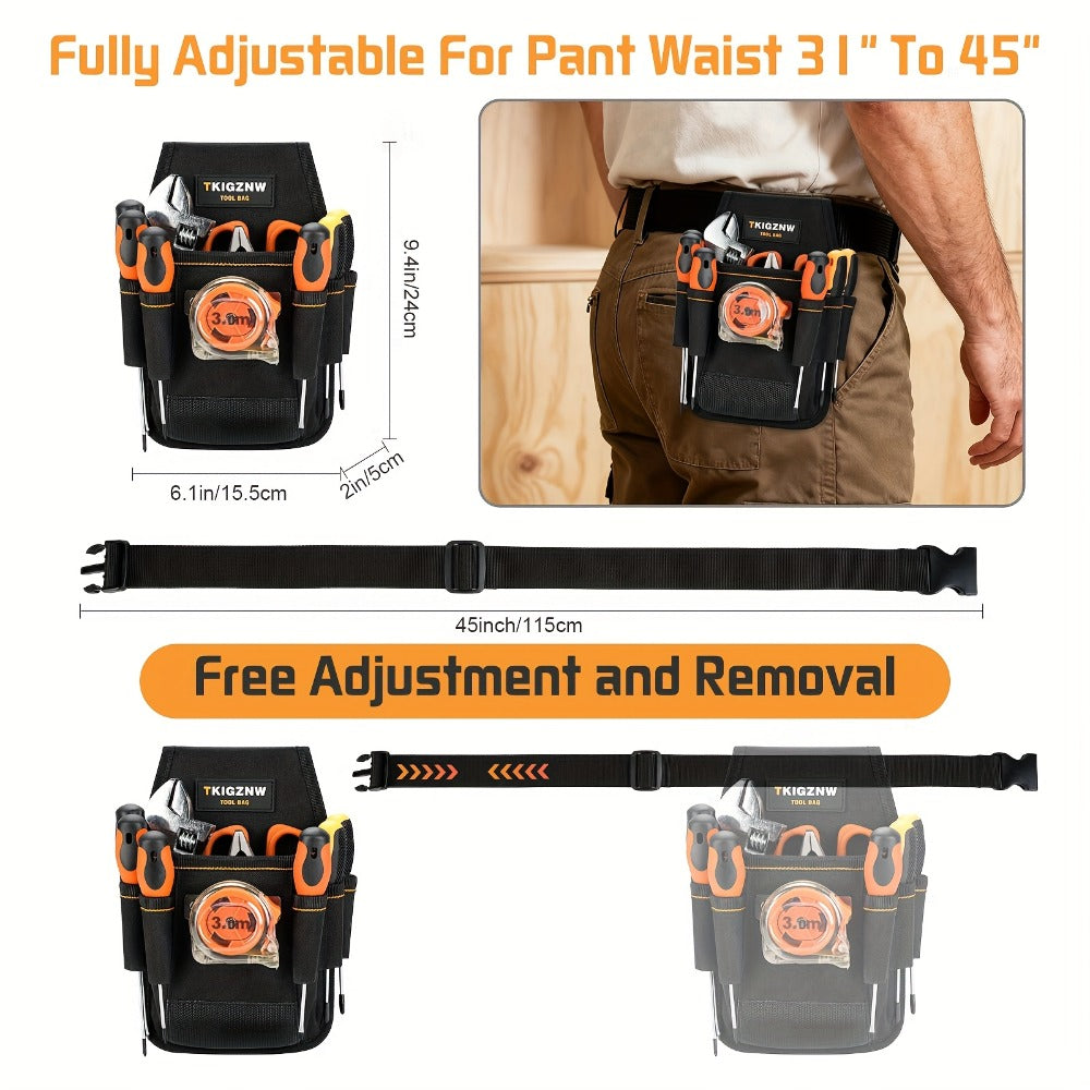 Seven-Pocket Tool Organizer Bag in Black with Open Compartments and Portable Carry Handles for Jobsite Storage