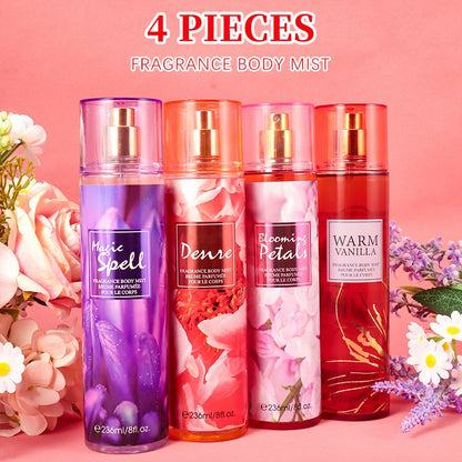 Body Spray for Women 4-Pack 8.4oz Each Hair Body Fragrance Mist Set 20 Floral Fruity Scents Daily Use Gift Value Bundle 250ml Per Bottle
