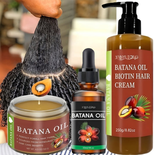 Honduras Batana Oil 3-Piece Complete Hair System — Cold Pressed Hair Cream, Hair Oil & Essential Oil with Biotin | Thickens, Strengthens & Nourishes Scalp | Prevents Breakage | All Hair Types