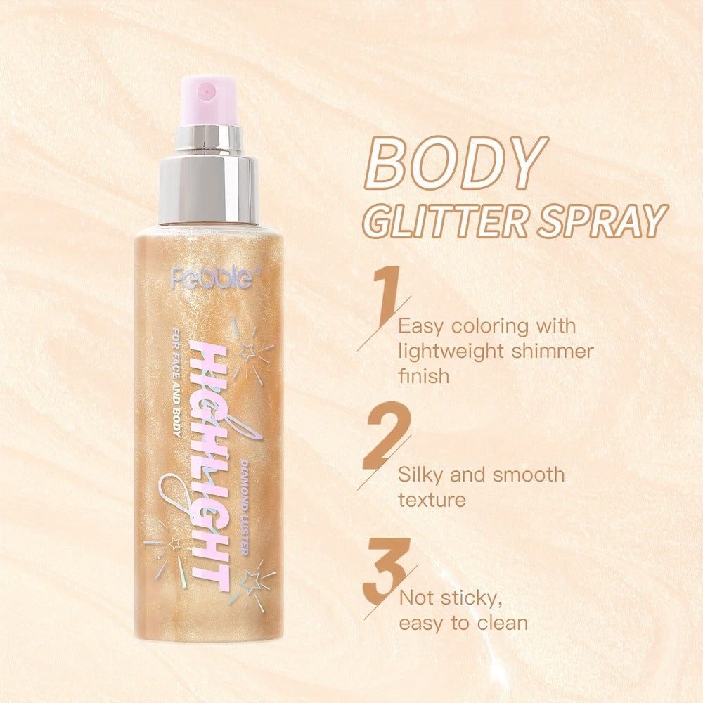 Body Glitter Spray Shimmer extended-wear Lightweight Non Greasy Luminous Radiant Glow for Body Face Hair Women Festival Party Everyday