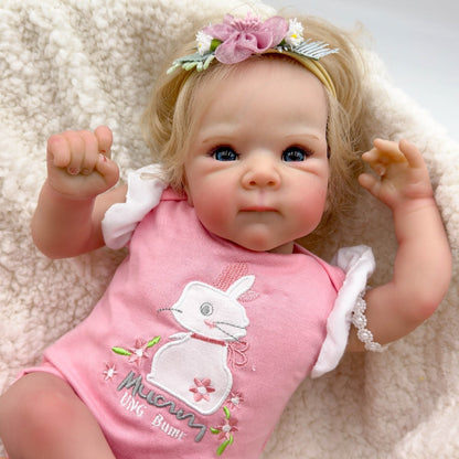 Reborn Baby Doll 16-Inch Cloth Body with Rooted Blonde Hair, Open Eyes, Pink Romper and Pacifier Set