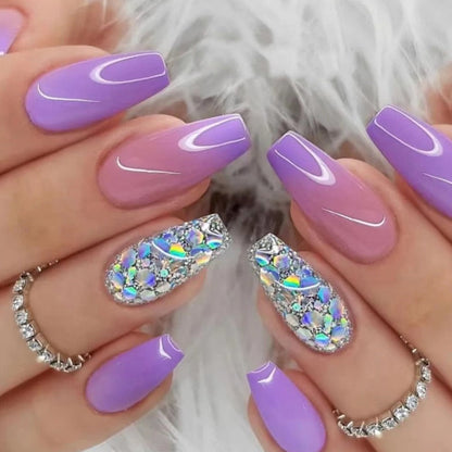 Glitter Sequin Press On Nails 120pcs Coffin Medium Length 5 Packs – Sparkling Pinkish Purple Glossy Full Cover False Nails | Glamorous Nail Art Kit for Women | Party Wedding Bridal Manicure Set