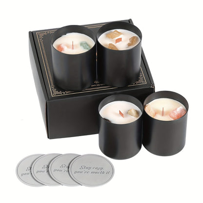 Scented Candle Gift Set 4 Candles 44oz with Crystal Stone Accents and 4 Heat-Resistant Coasters 70Hr Burn Lavender Jasmine Vanilla Amber Tuberose for Women Men Birthday Christmas Mothers Day Spa Gift
