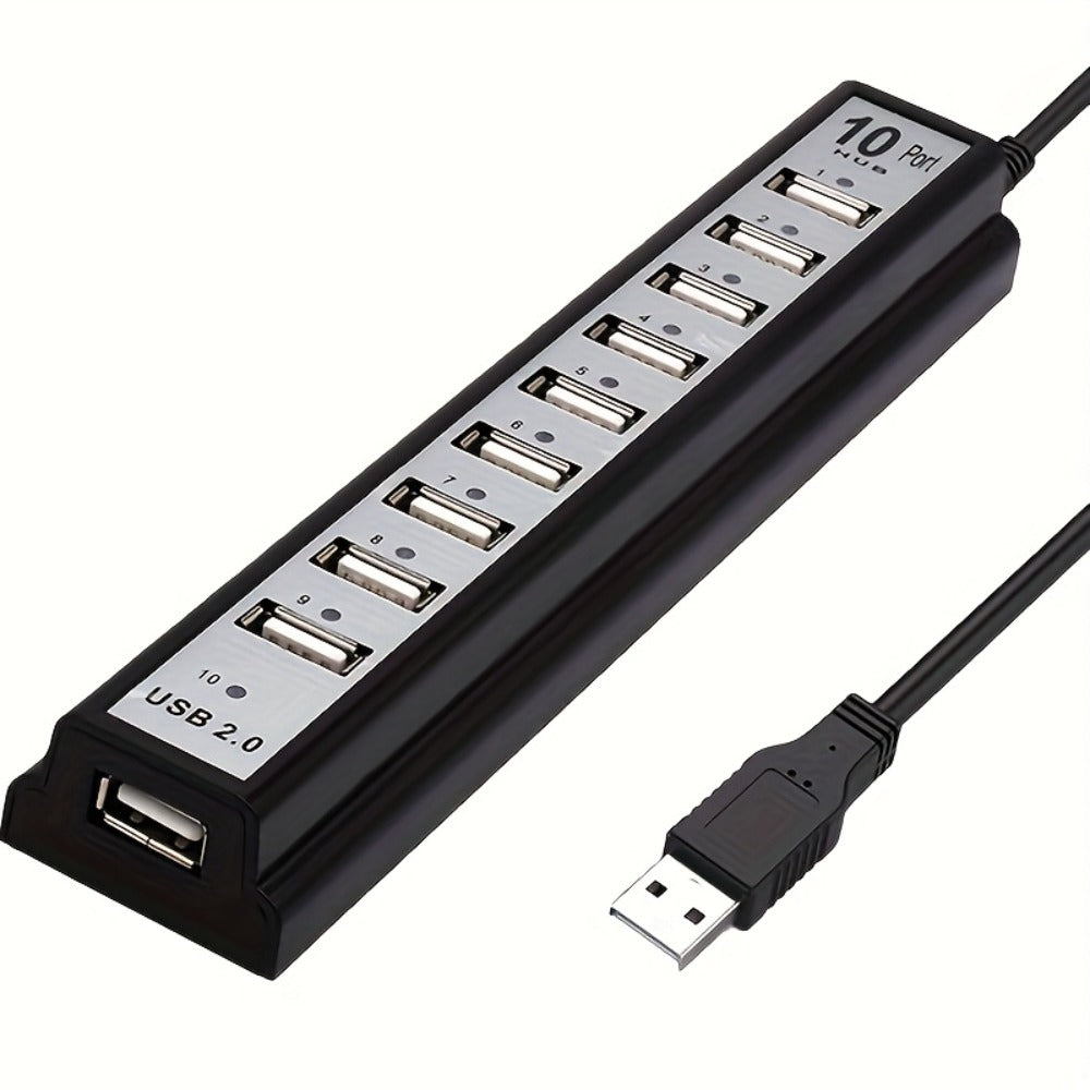 Black 10-Port USB 2.0 Hub with USB-A Host Cable, Numbered Ports and DC Power Input for Desktop Expansion