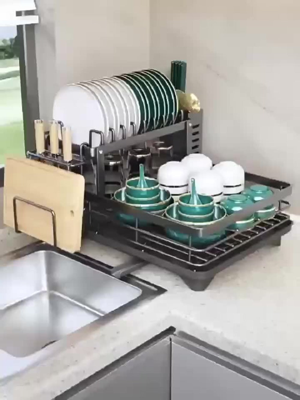 Two-Tier Dish Drying Rack, Metal Countertop Organizer with Cutlery Holder, Cup Holder and Drip Tray