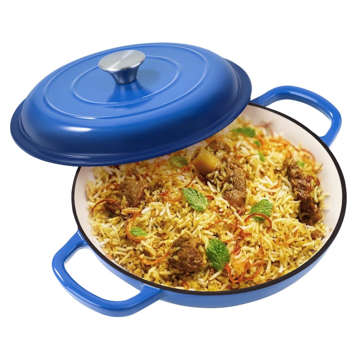 3QT Enameled Cast Iron Dutch Oven Braiser with Shallow Round Body, Fitted Lid and Three Colors
