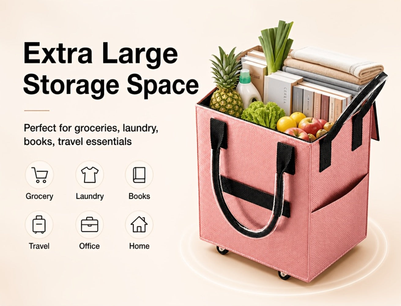 60 L Rolling Grocery Bag with Wheels in Black or Rose Gold for Shopping, Travel and Utility Use