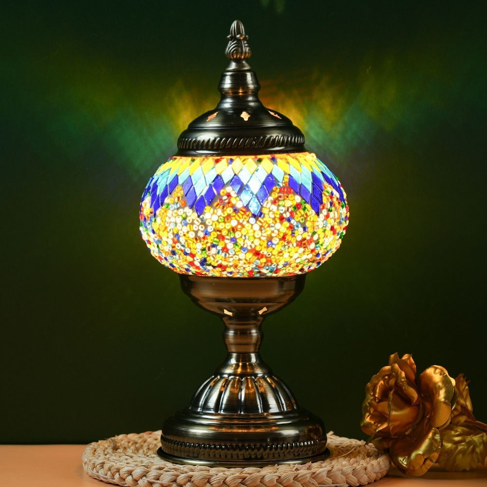 Table Lamp with Mosaic Glass Globe, Metal Base, Seven Color or Pack Options and Three White-Light Modes