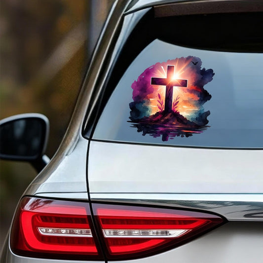 Car Window Decals Vinyl Cross Sunset Sky Stickers – Funny Bumper Sticker for Cars, Trucks & SUVs, Waterproof Outdoor Vinyl Decal, Christian Faith Mountain Scene, 1pc or 4pcs Set