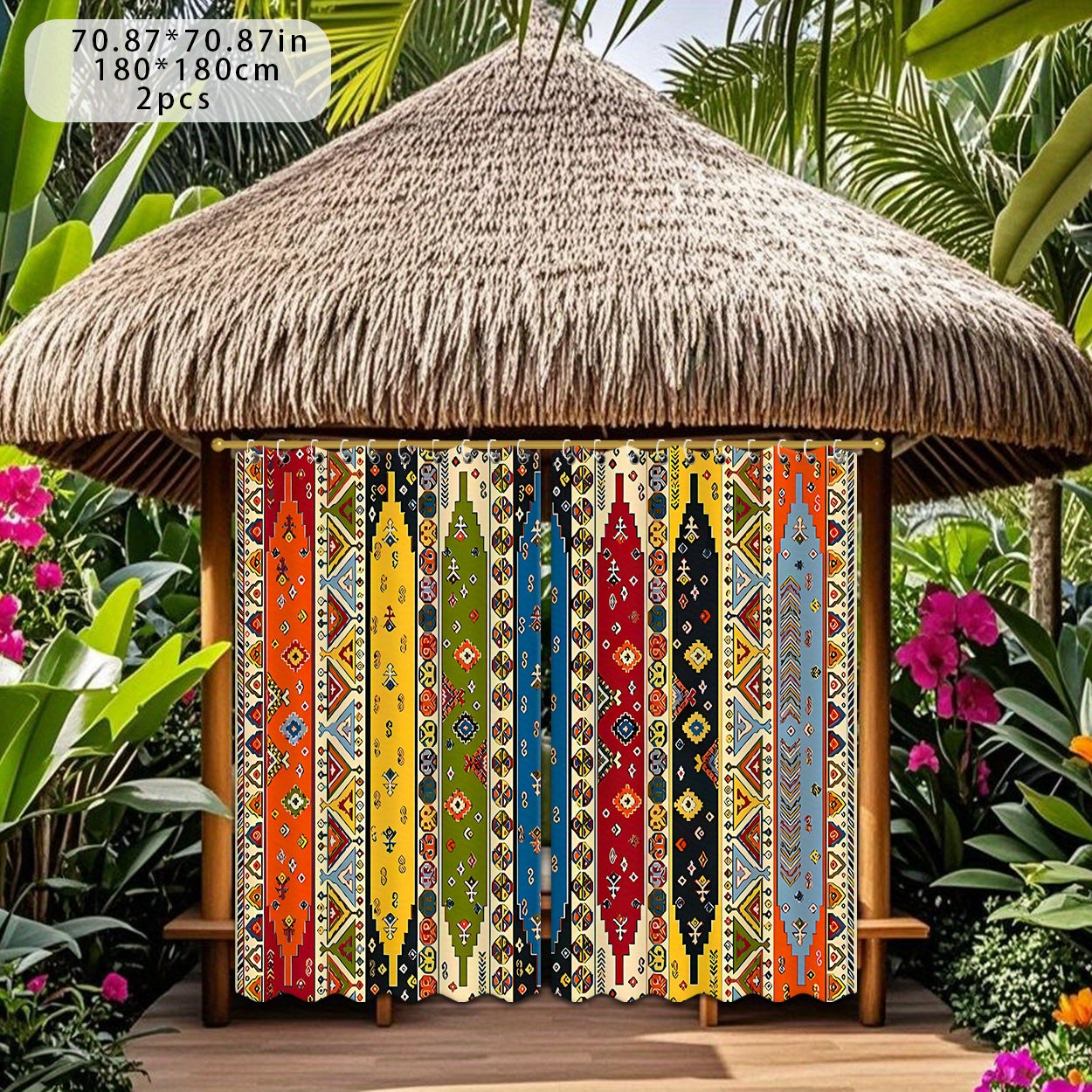 Boho Pattern Outdoor Curtain Pair in 180 cm Width with 180, 213 or 243 cm Length Options for Patio Use