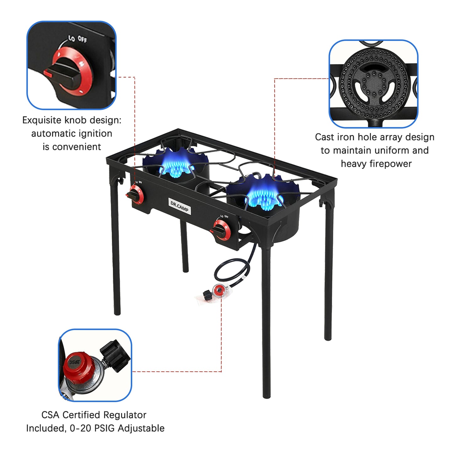 Propane Camping Stove Cast Iron 1, 2 or 3 Burner with Detachable Legs, 20 PSI High-Pressure Regulator, Heavy-Duty Outdoor Gas Cooker for Camping BBQ Survival Tactical Cooking Patio