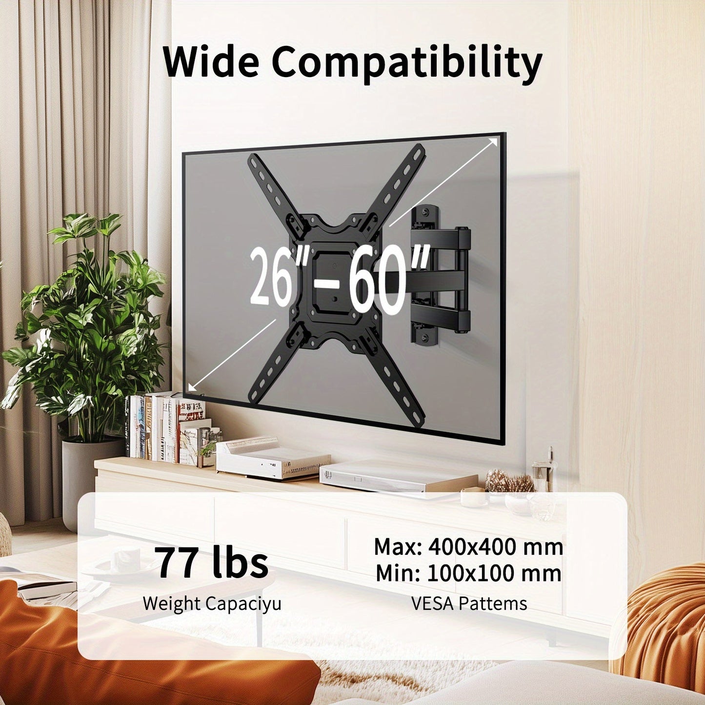 Black Full-Motion TV Wall Mount with 26-55 or 26-60 Inch Options and VESA up to 400 x 400mm